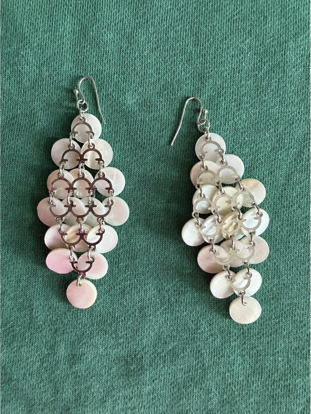 Boho Mother of Pearl Layered Shell Disc Dangle Earrings Silver Tone
